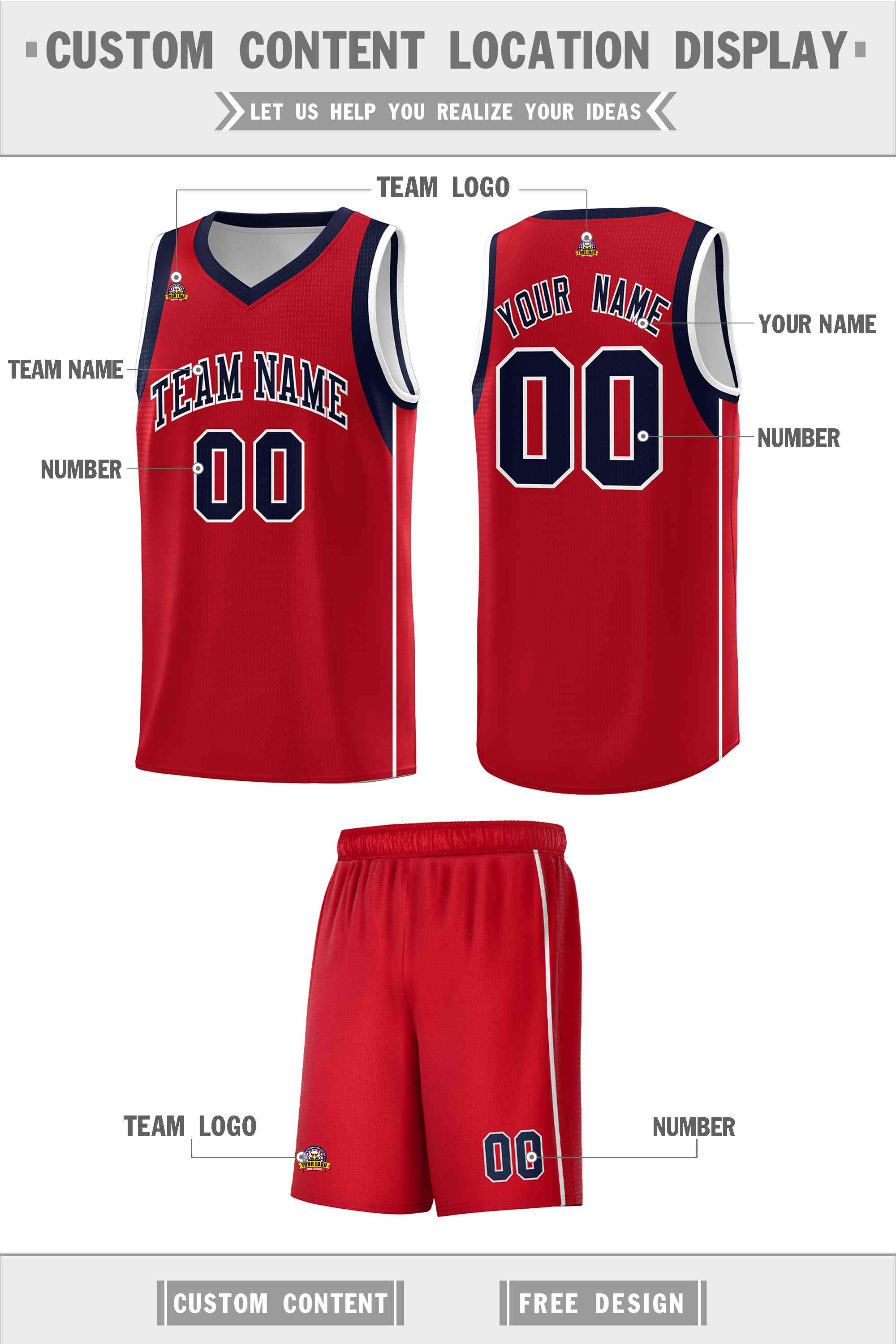 Custom Red Navy-White Sleeve Color Blocking Classic Sports Uniform Basketball Jersey