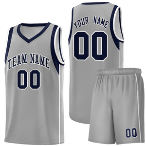 Custom Gray Navy-White Sleeve Color Blocking Classic Sports Uniform Basketball Jersey