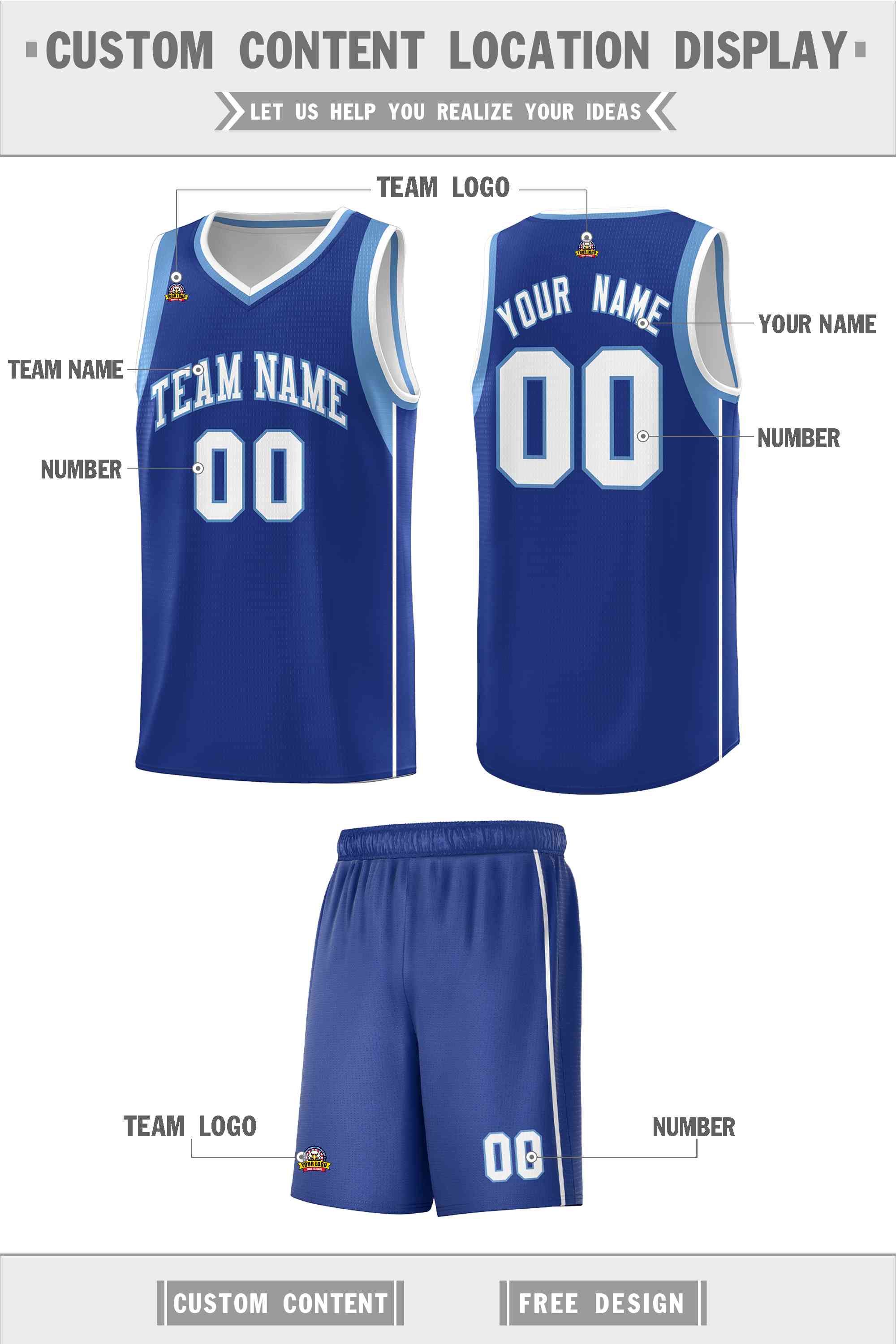 Custom Royal Light Blue-White Sleeve Colorblocking Classic Sports Uniform Basketball Jersey