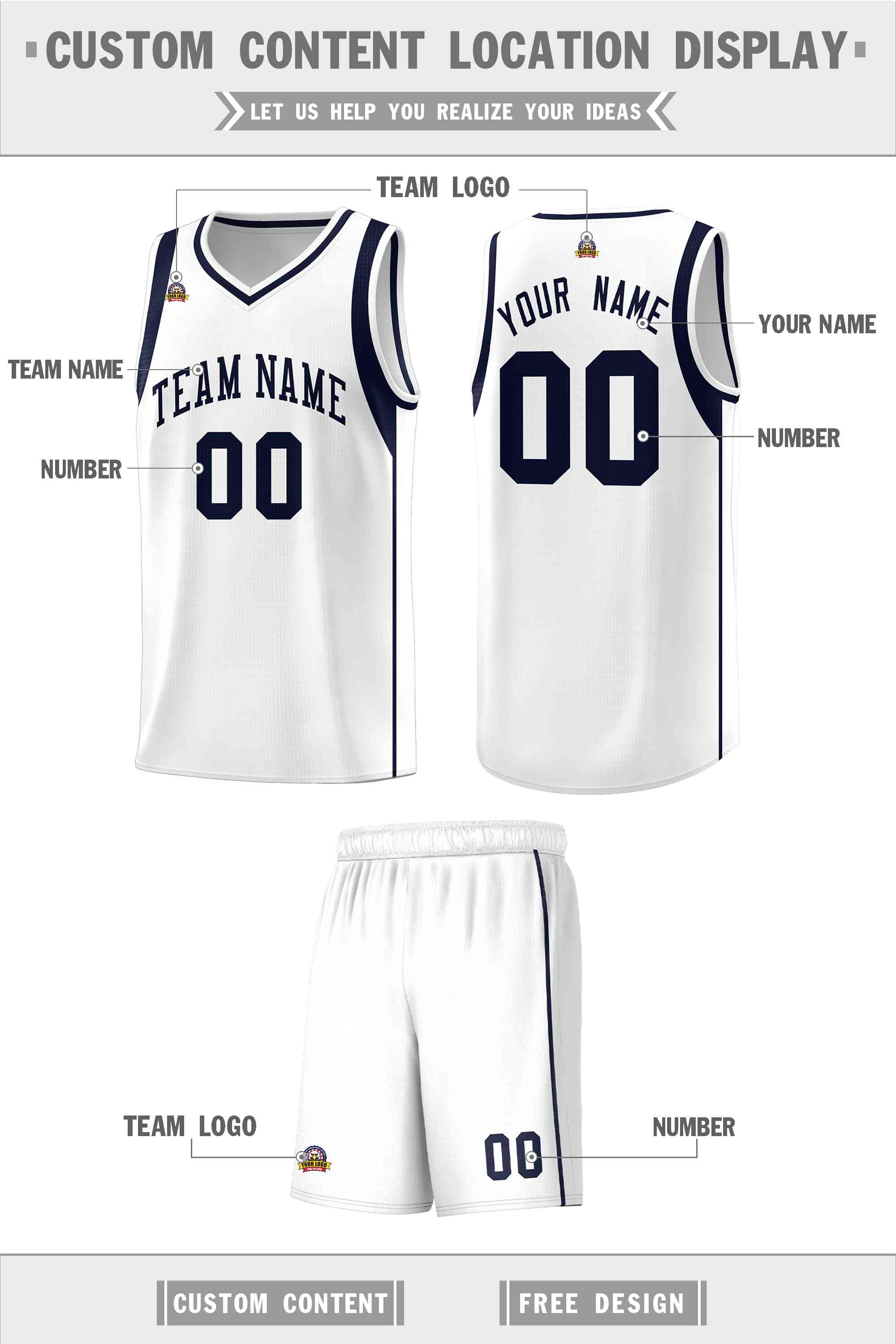 Custom White Navy Sleeve Color Blocking Classic Sports Uniform Basketball Jersey