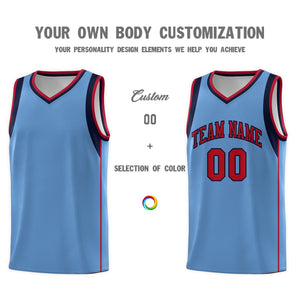 Custom Light Blue Navy-Red Sleeve Colorblocking Classic Sports Uniform Basketball Jersey