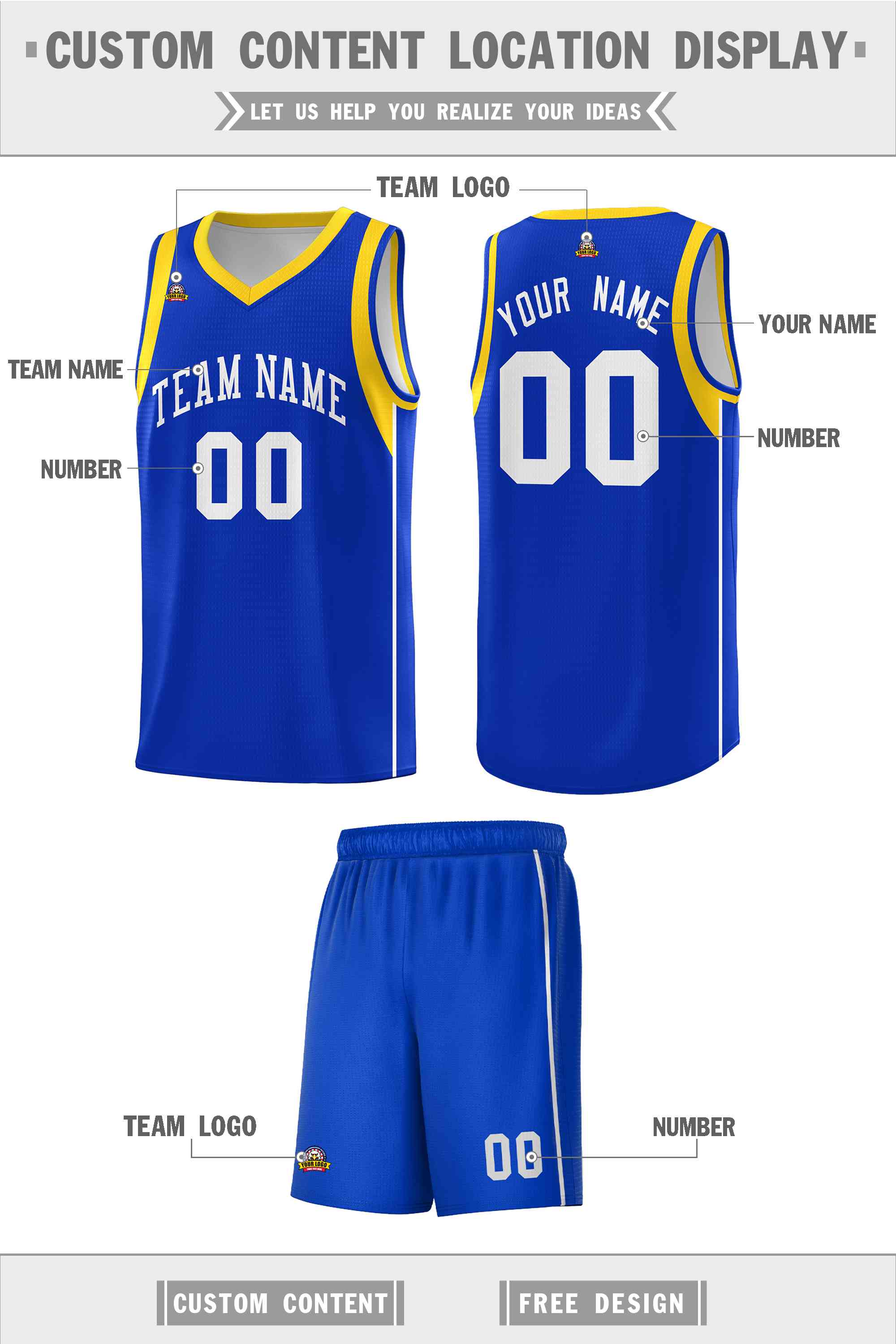 Custom Royal White-Gold Sleeve Color Blocking Classic Sports Uniform Basketball Jersey