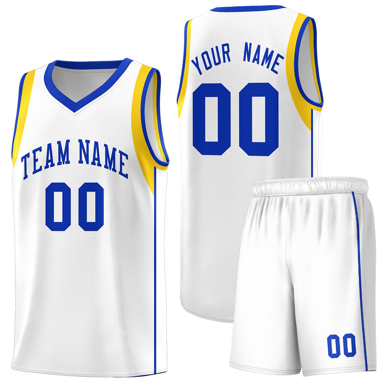 Custom White Royal-Gold Sleeve Color Blocking Classic Sports Uniform Basketball Jersey