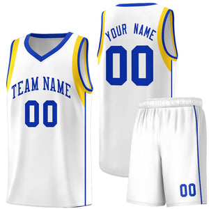 Custom White Royal-Gold Sleeve Color Blocking Classic Sports Uniform Basketball Jersey