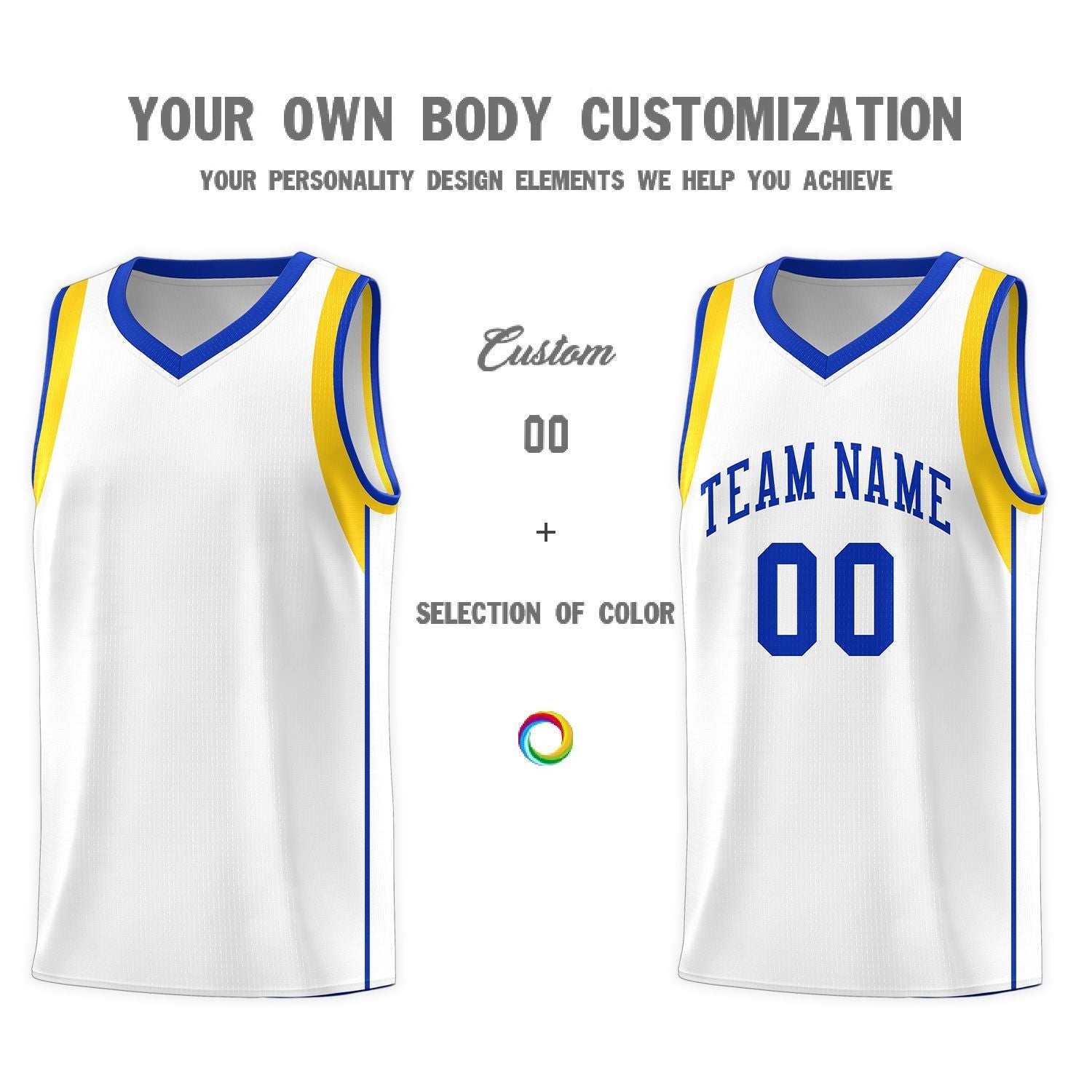 Custom White Royal-Gold Sleeve Color Blocking Classic Sports Uniform Basketball Jersey