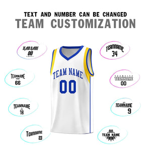 Custom White Royal-Gold Sleeve Color Blocking Classic Sports Uniform Basketball Jersey