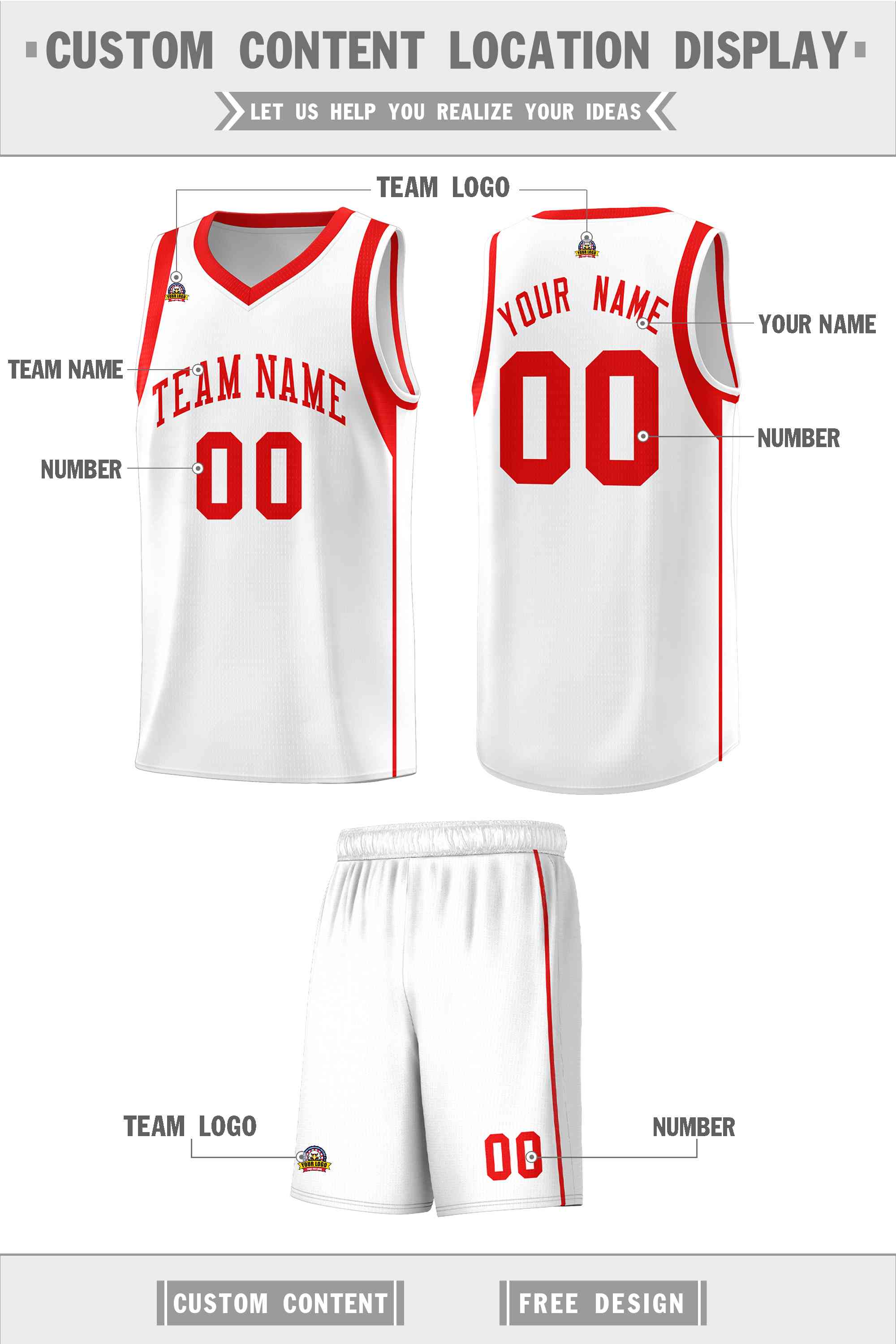 Custom White Red Sleeve Color Blocking Classic Sports Uniform Basketball Jersey