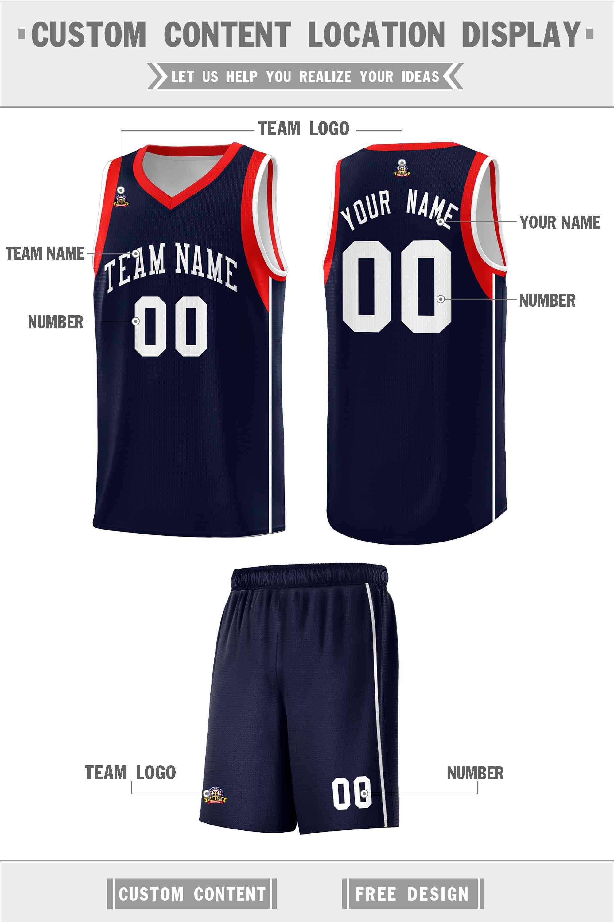 Custom Navy White-Red Sleeve Color Blocking Classic Sports Uniform Basketball Jersey