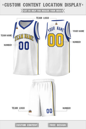 Custom White Royal-Gold Sleeve Color Blocking Classic Sports Uniform Basketball Jersey