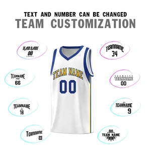 Custom White Royal-Gold Sleeve Color Blocking Classic Sports Uniform Basketball Jersey