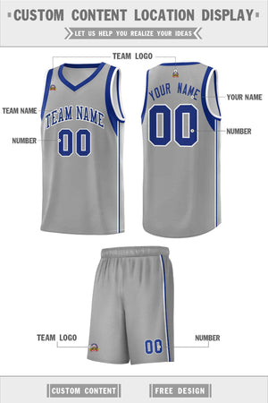 Custom Gray Royal-White Sleeve Color Blocking Classic Sports Uniform Basketball Jersey