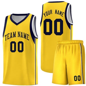 Custom Gold Navy Sleeve Color Blocking Classic Sports Uniform Basketball Jersey