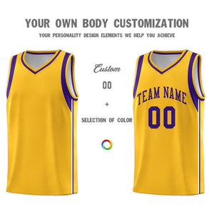 Custom Gold Purple Sleeve Color Blocking Classic Sports Uniform Basketball Jersey