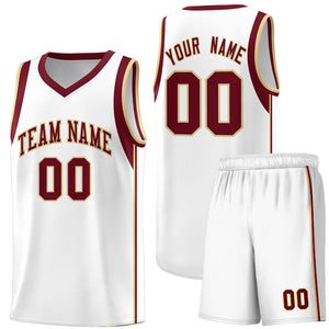 Custom White Crimson-Khaki Sleeve Color Blocking Classic Sports Uniform Basketball Jersey