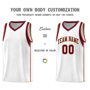 Custom White Crimson-Khaki Sleeve Color Blocking Classic Sports Uniform Basketball Jersey