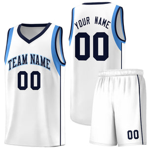 Custom White Navy-Powder Blue Sleeve Color Blocking Classic Sports Uniform Basketball Jersey