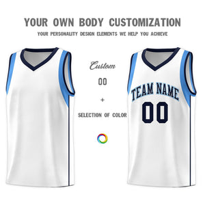 Custom White Navy-Powder Blue Sleeve Color Blocking Classic Sports Uniform Basketball Jersey