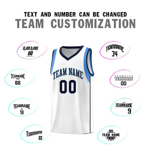 Custom White Navy-Powder Blue Sleeve Color Blocking Classic Sports Uniform Basketball Jersey