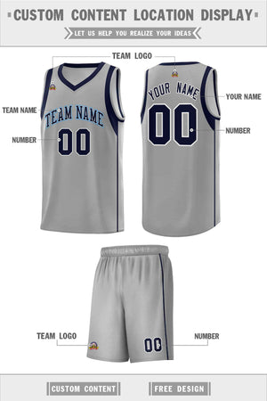 Custom Gray Navy-White Sleeve Colorblocking Classic Sports Uniform Basketball Jersey