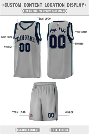 Custom Gray Navy-Green Sleeve Color Blocking Classic Sports Uniform Basketball Jersey