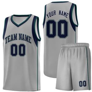 Custom Gray Navy-Green Sleeve Color Blocking Classic Sports Uniform Basketball Jersey