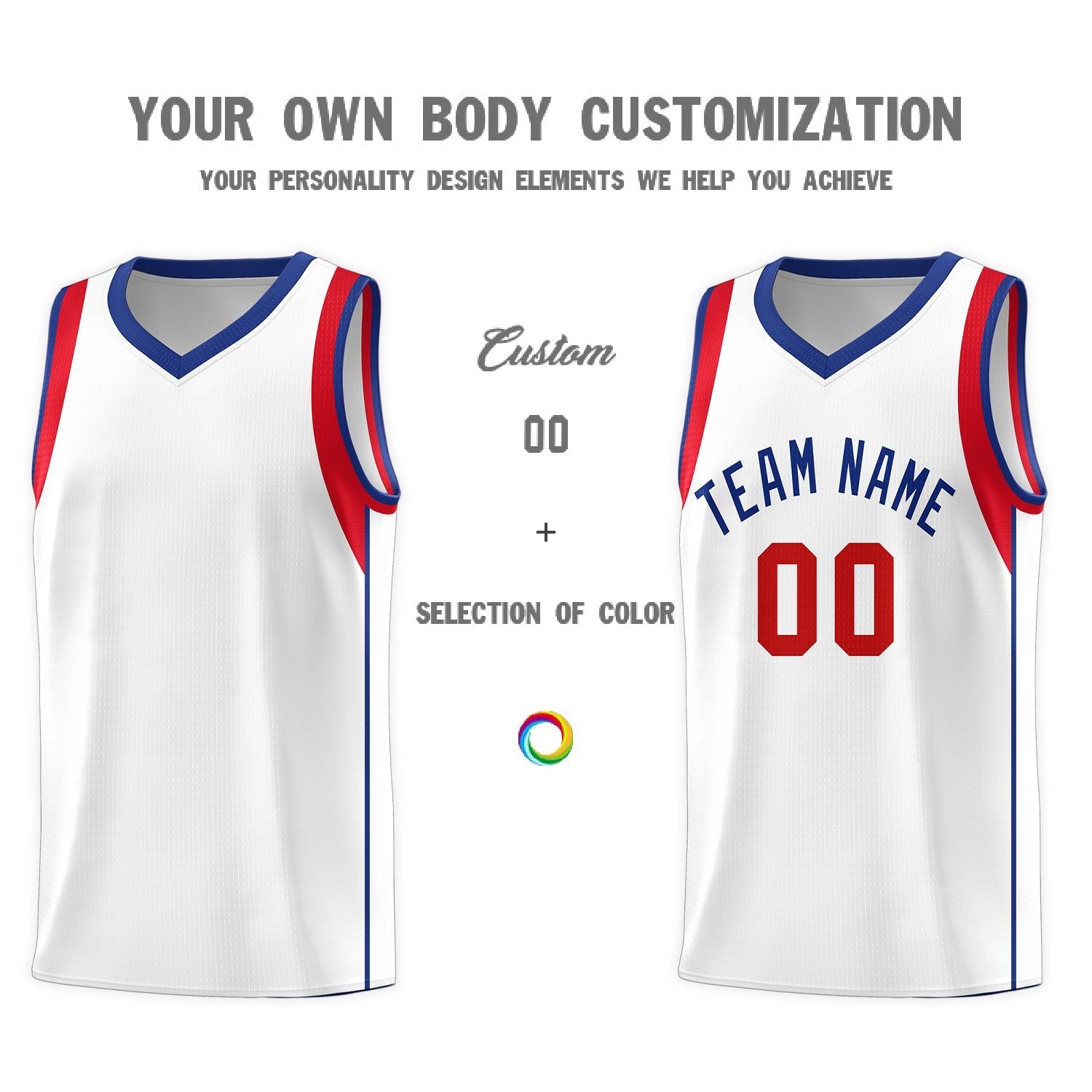 Custom White Royal-Red Sleeve Color Blocking Classic Sports Uniform Basketball Jersey