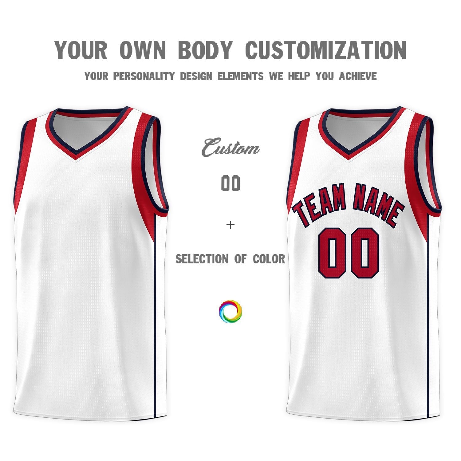 Custom White Red-Navy Sleeve Color Blocking Classic Sports Uniform Basketball Jersey