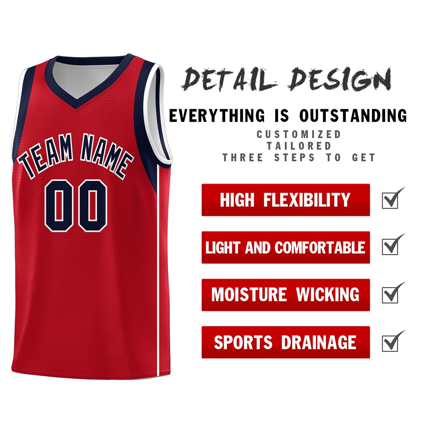 Custom Red Navy-White Sleeve Color Blocking Classic Sports Uniform Basketball Jersey