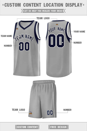 Custom Gray Navy-White Sleeve Color Blocking Classic Sports Uniform Basketball Jersey