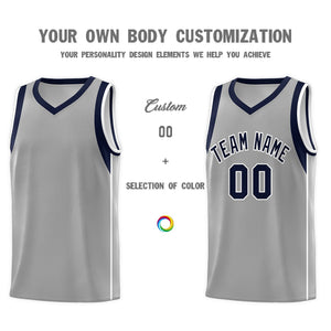 Custom Gray Navy-White Sleeve Color Blocking Classic Sports Uniform Basketball Jersey