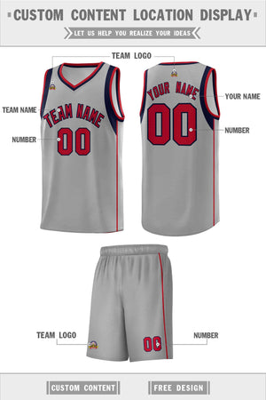 Custom Gray Navy-Red Sleeve Color Blocking Classic Sports Uniform Basketball Jersey