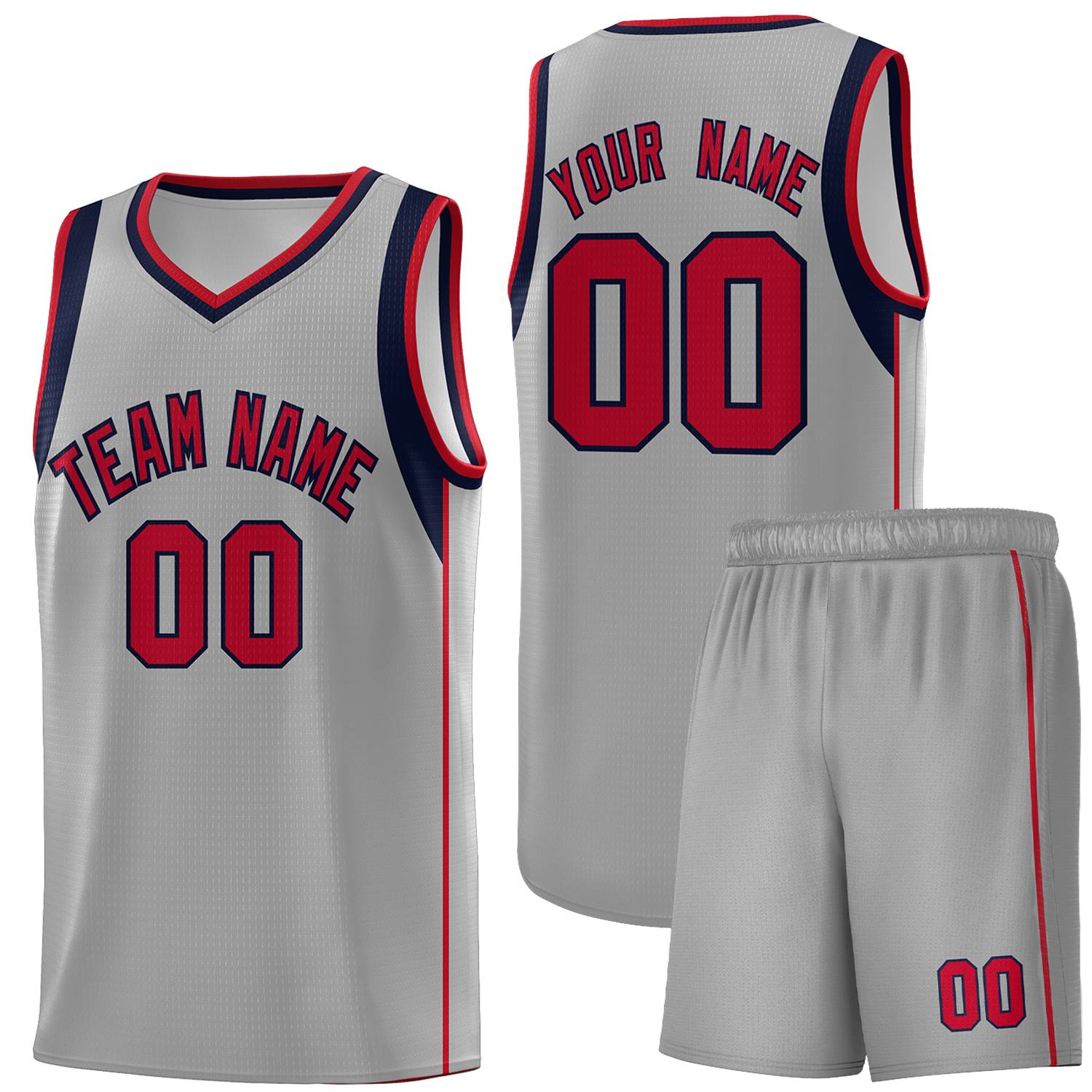 Custom Gray Navy-Red Sleeve Color Blocking Classic Sports Uniform Basketball Jersey