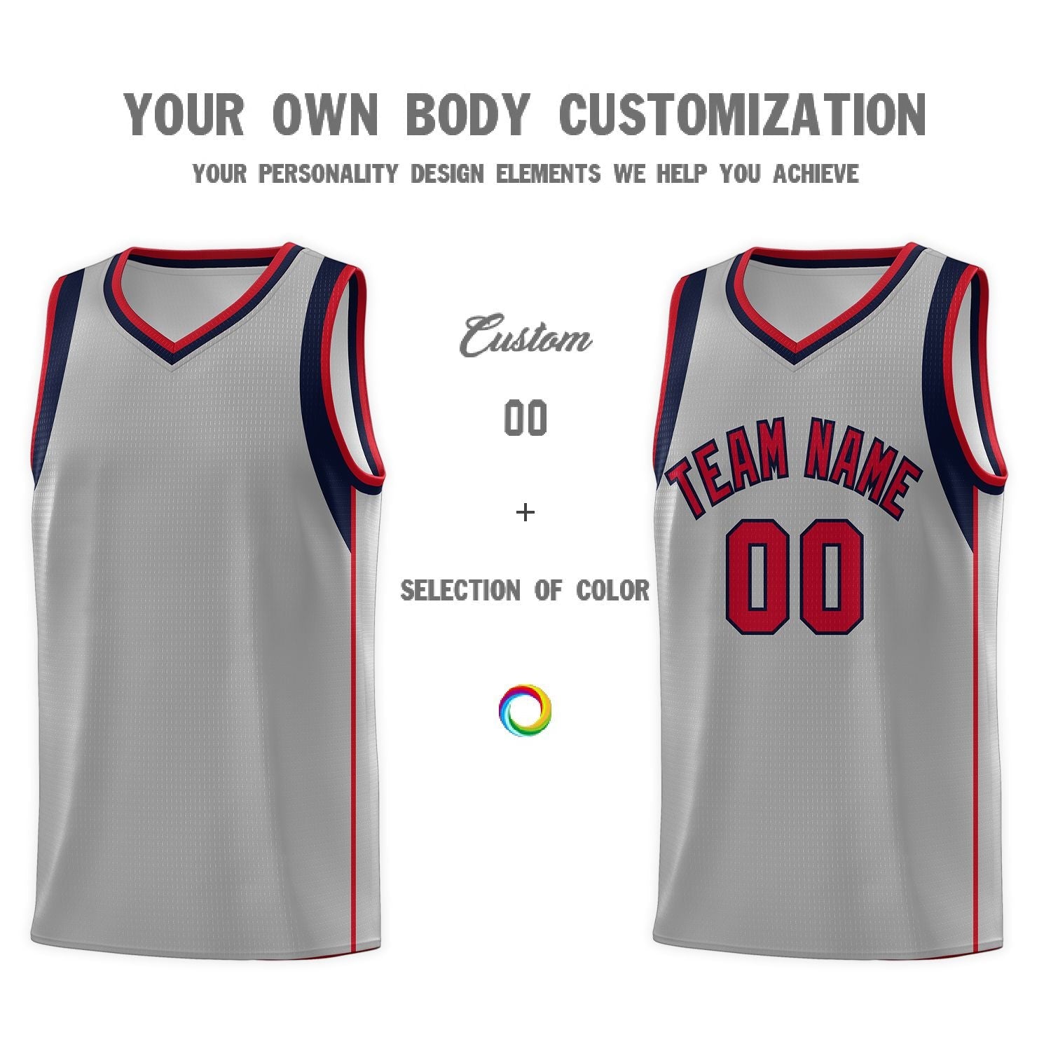 Custom Gray Navy-Red Sleeve Color Blocking Classic Sports Uniform Basketball Jersey