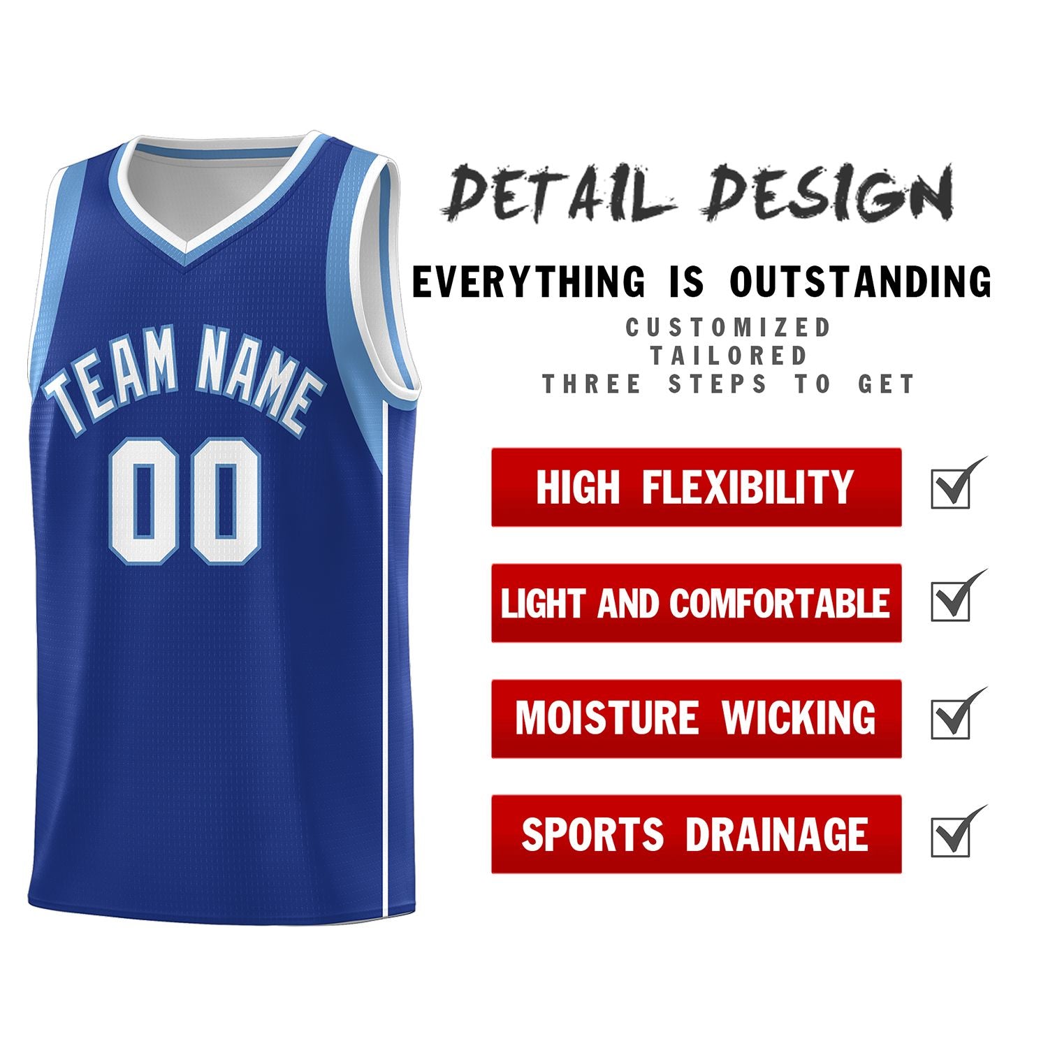 Custom Royal Light Blue-White Sleeve Color Blocking Classic Sports Uniform Basketball Jersey