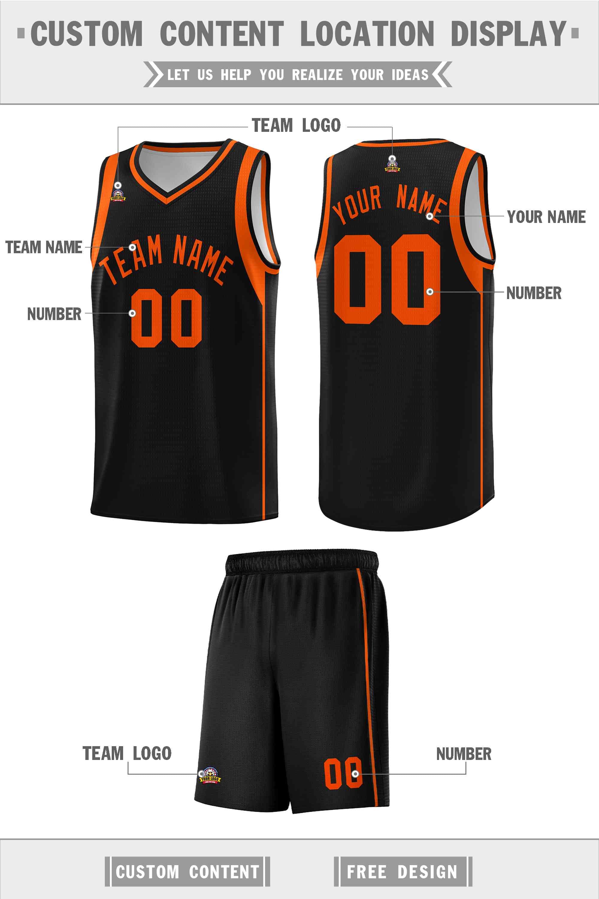 Custom Black Orange Sleeve Colorblocking Classic Sports Uniform Basketball Jersey