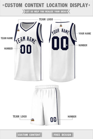 Custom White Navy Sleeve Color Blocking Classic Sports Uniform Basketball Jersey