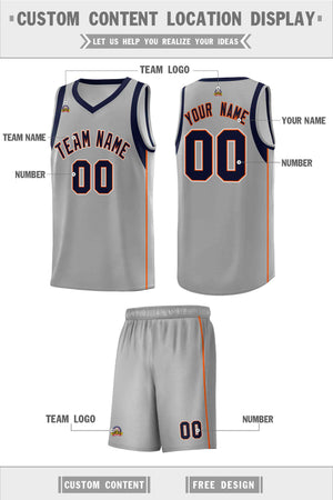 Custom Gray Navy-Orange Sleeve Color Blocking Classic Sports Uniform Basketball Jersey