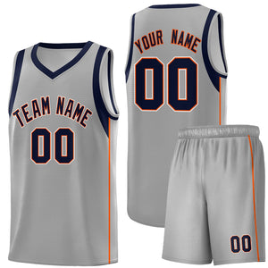 Custom Gray Navy-Orange Sleeve Color Blocking Classic Sports Uniform Basketball Jersey