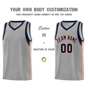 Custom Gray Navy-Orange Sleeve Colorblocking Classic Sports Uniform Basketball Jersey