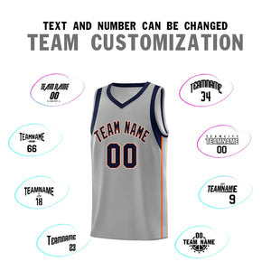 Custom Gray Navy-Orange Sleeve Color Blocking Classic Sports Uniform Basketball Jersey