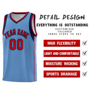 Custom Light Blue Navy-Red Sleeve Color Blocking Classic Sports Uniform Basketball Jersey