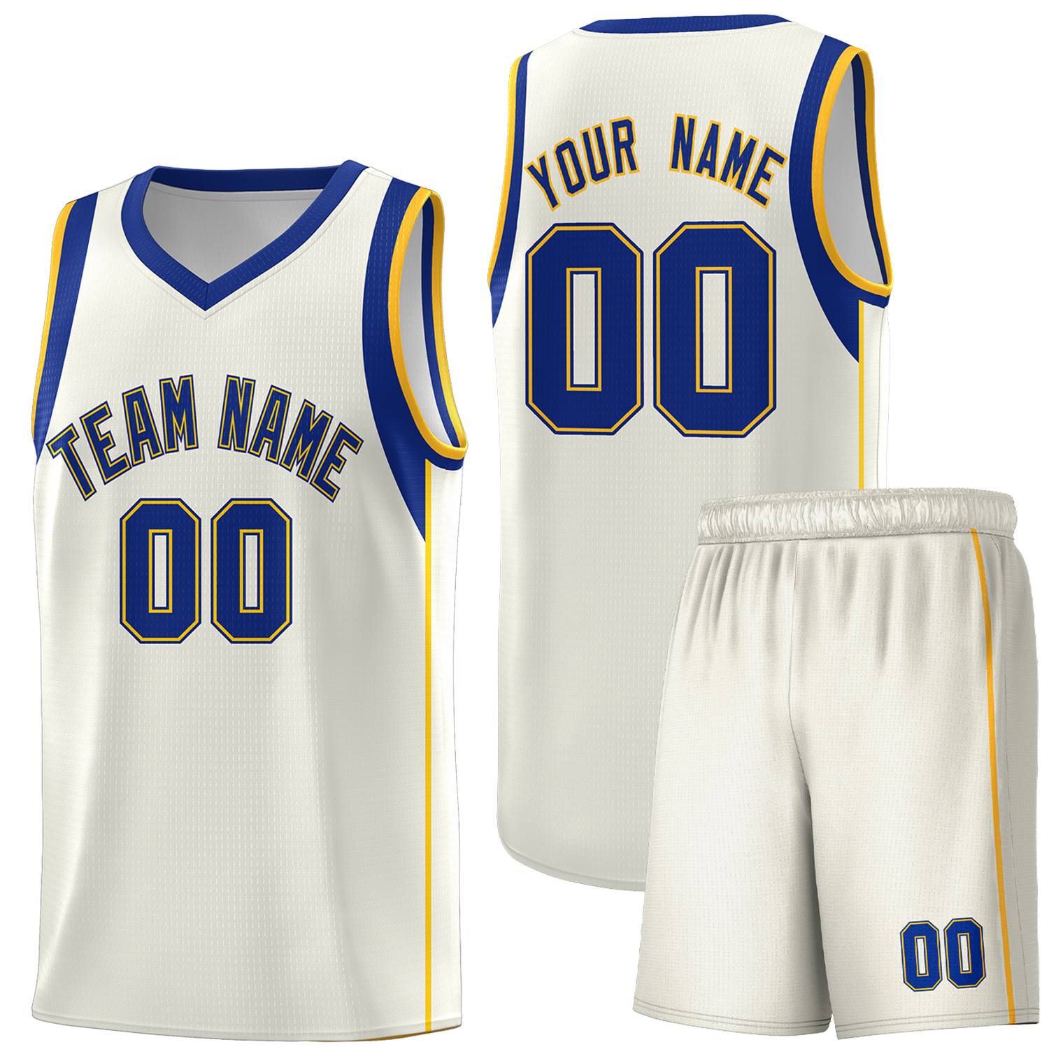 Custom Cream Royal-Gold Sleeve Color Blocking Classic Sports Uniform Basketball Jersey