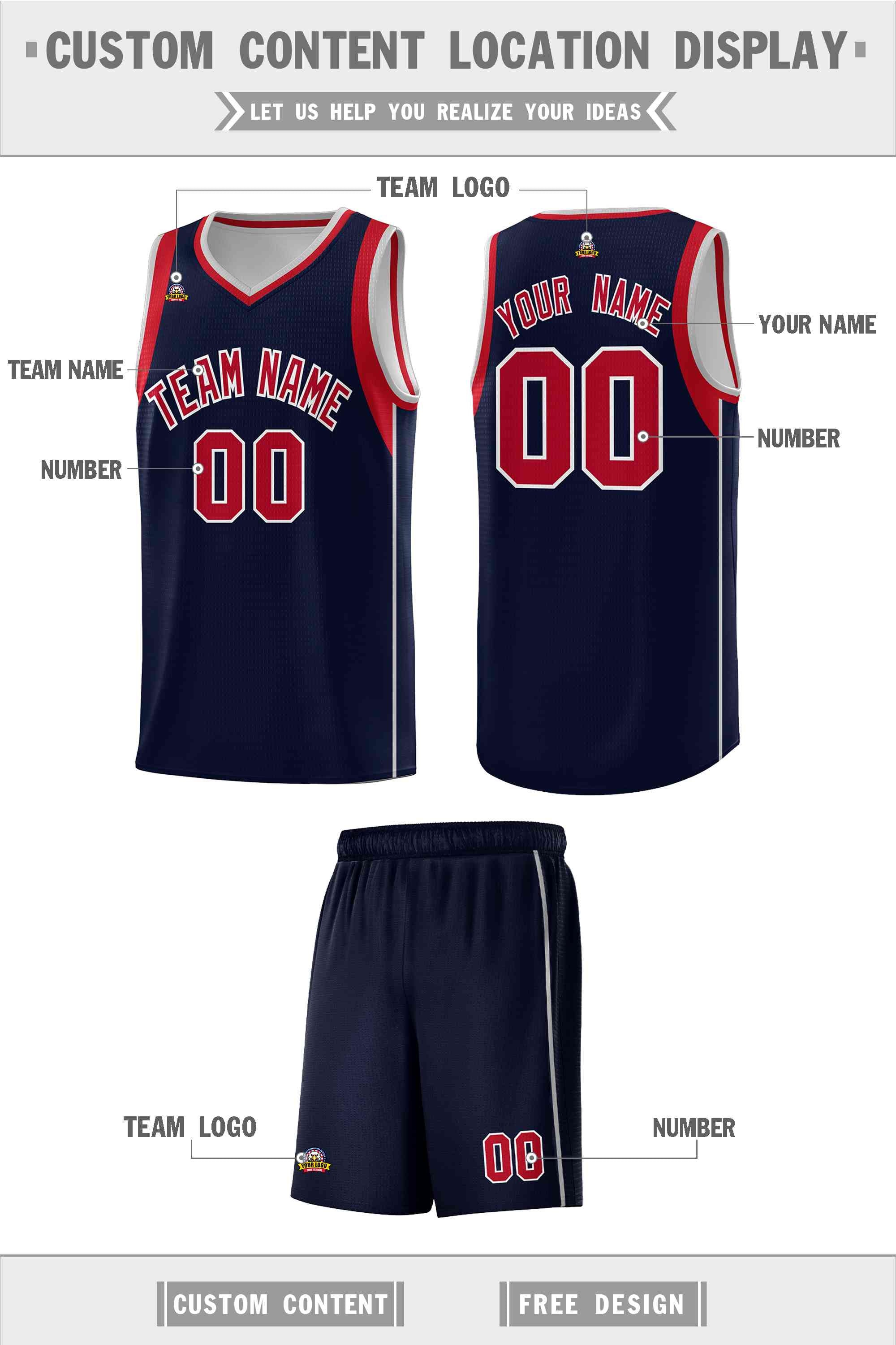 Custom Navy Red-Gray Sleeve Colorblocking Classic Sports Uniform Basketball Jersey