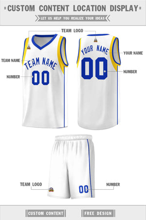 Custom White Royal-Gold Sleeve Color Blocking Classic Sports Uniform Basketball Jersey