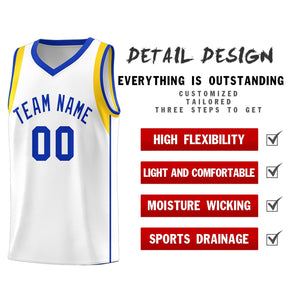 Custom White Royal-Gold Sleeve Color Blocking Classic Sports Uniform Basketball Jersey