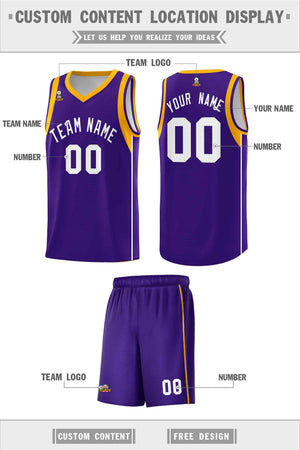 Custom Purple White-Gold Sleeve Color Blocking Classic Sports Uniform Basketball Jersey