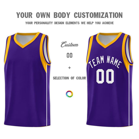 Custom Purple White-Gold Sleeve Colorblocking Classic Sports Uniform Basketball Jersey