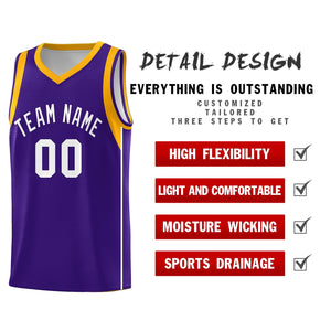 Custom Purple White-Gold Sleeve Color Blocking Classic Sports Uniform Basketball Jersey