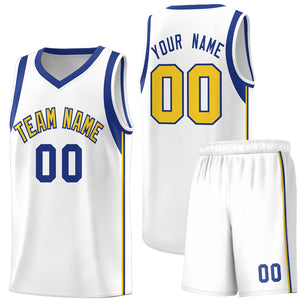 Custom White Royal-Gold Sleeve Color Blocking Classic Sports Uniform Basketball Jersey