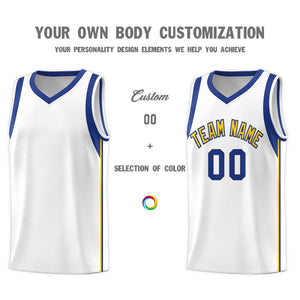 Custom White Royal-Gold Sleeve Color Blocking Classic Sports Uniform Basketball Jersey